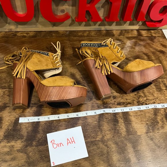 Lace Up Fringe Chunky Heels - Picture 2 of 7